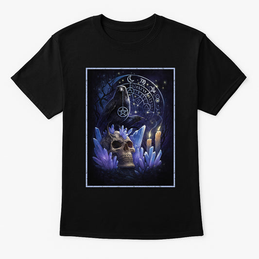 Occult Raven & Crystal Skull Unisex T-Shirt – Gothic Witchcraft Alchemy Dark Mystic Graphic Tee