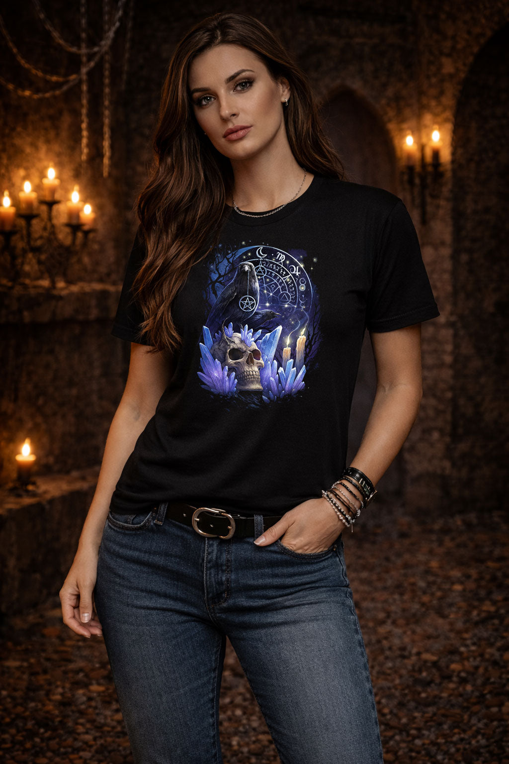 Raven Skull Pendant Run T Shirt Gothic Raven Dark Fantasy Occult Tee