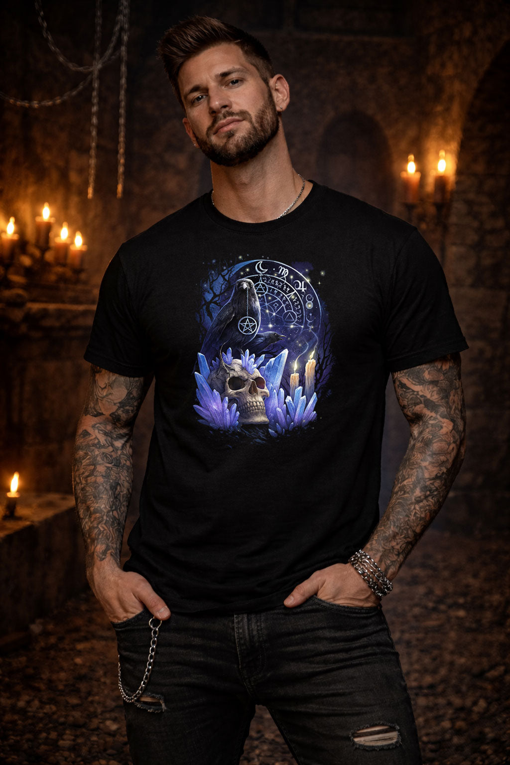 Raven Skull Pendant Run T Shirt Gothic Raven Dark Fantasy Occult Tee