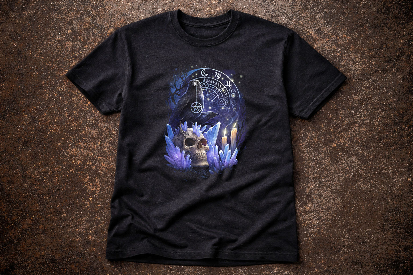 Raven Skull Pendant Run T Shirt Gothic Raven Dark Fantasy Occult Tee