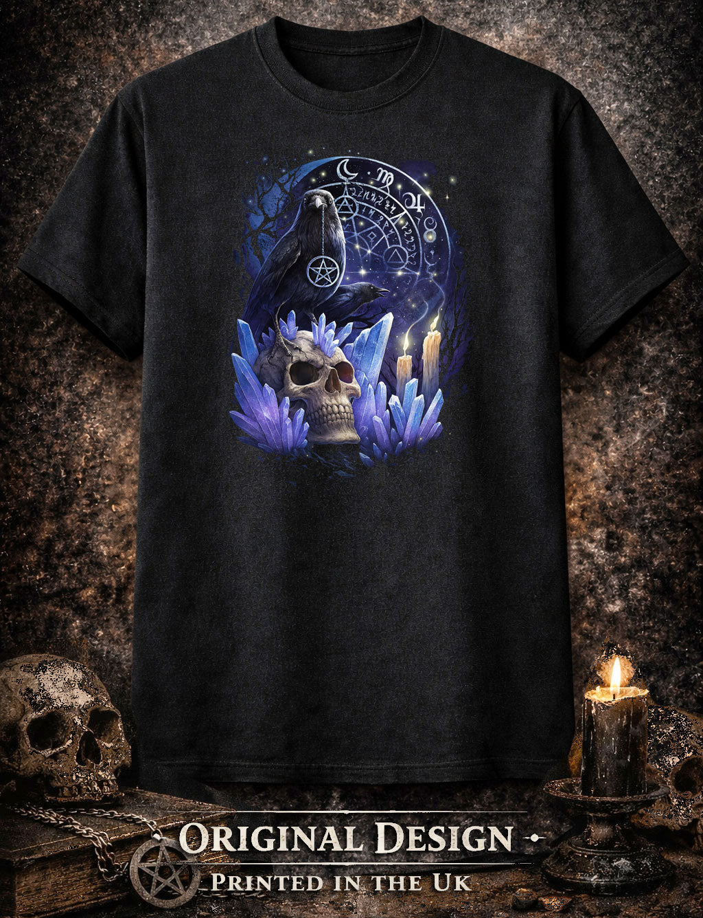 Raven Skull Pendant Run T Shirt Gothic Raven Dark Fantasy Occult Tee