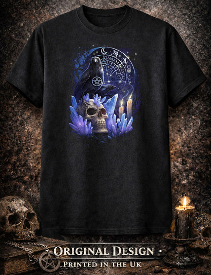 Raven Skull Pendant Run T Shirt Gothic Raven Dark Fantasy Occult Tee