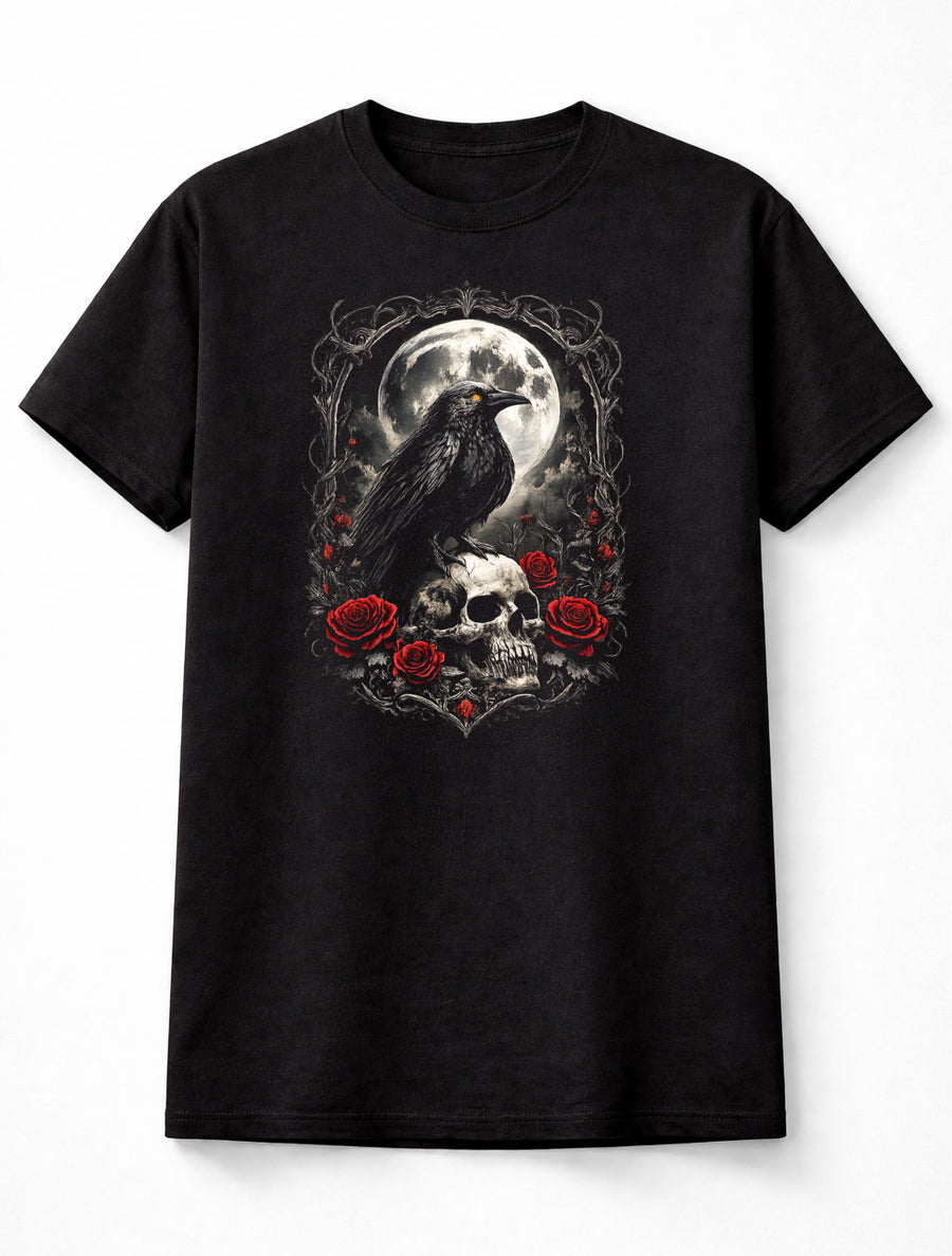 Raven Skull Moon Roses Crow Halloween Occult Gothic Unisex T-Shirt