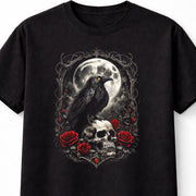 Raven Skull Moon Roses Crow Halloween Occult Gothic Unisex T-Shirt