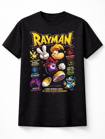 Rayman T-Shirt Retro Gaming Graphic Tee Classic Platformer Ubisoft Video Game Character Shirt No Limbs Hero Lums Adventure Gamer Adults & Kids Unisex T-Shirt