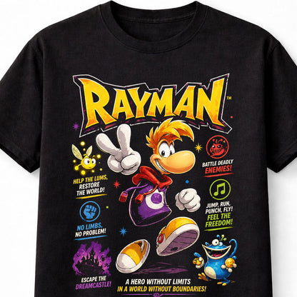 Rayman T-Shirt Retro Gaming Graphic Tee Classic Platformer Ubisoft Video Game Character Shirt No Limbs Hero Lums Adventure Gamer Adults & Kids Unisex T-Shirt