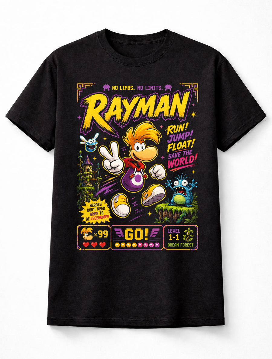Rayman T-Shirt Retro Gaming Graphic Tee Classic Platformer Ubisoft Video Game Character Shirt No Limbs Hero Lums Adventure Gamer Adults & Kids Unisex T-Shirt