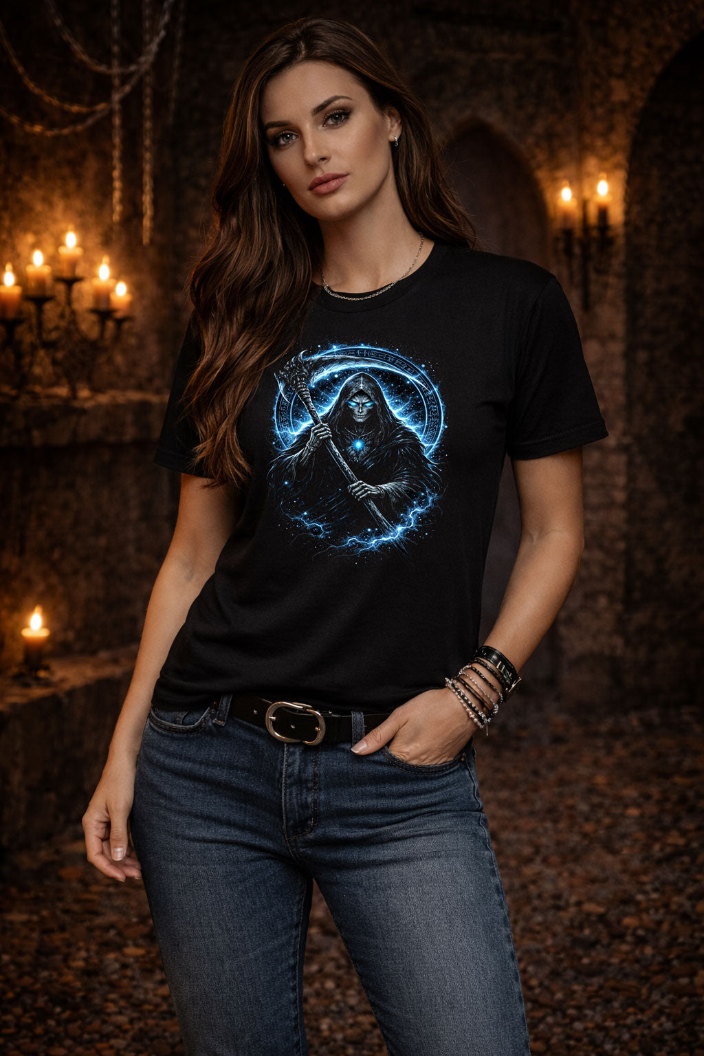 Grim Reaper T-Shirt Arcane Death Mage Rune Circle Dark Fantasy Gothic