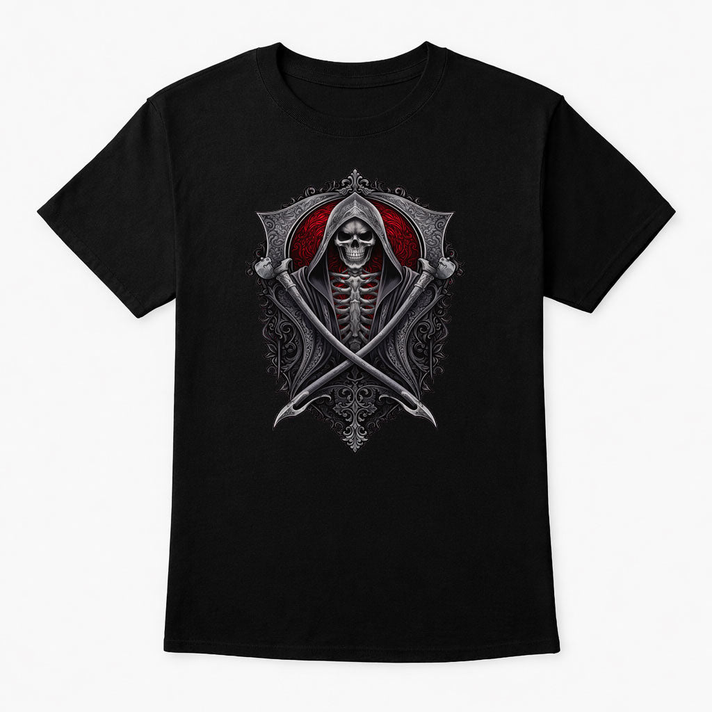 Grim Reaper Blades Emblem Unisex T-Shirt Gothic Skull Warrior Crest Tee