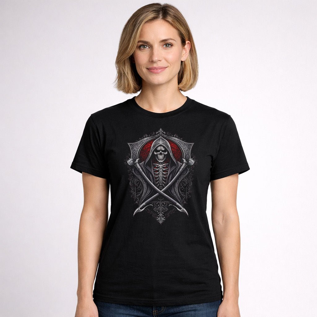 Grim Reaper Blades Emblem Unisex T-Shirt Gothic Skull Warrior Crest Tee