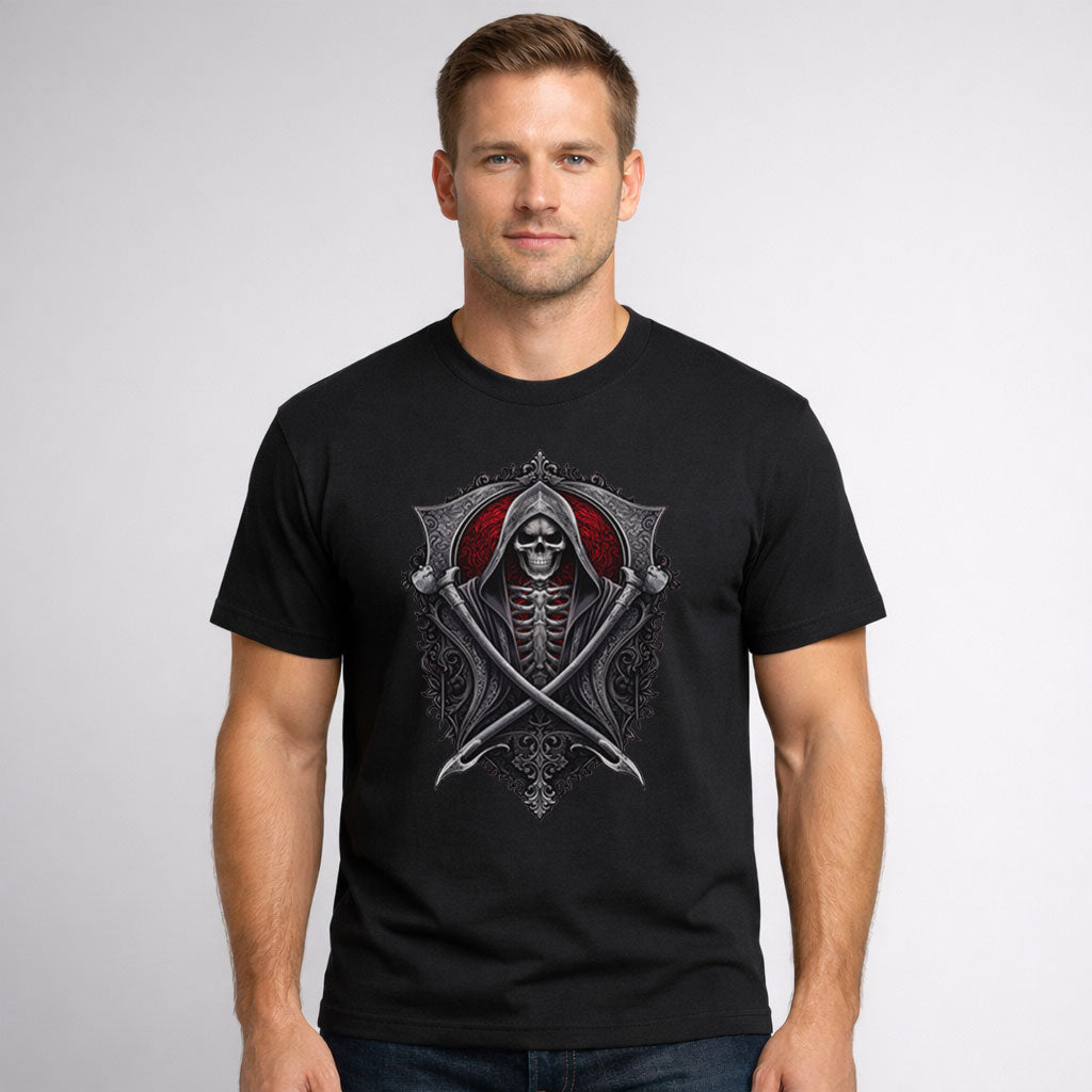 Grim Reaper Blades Emblem Unisex T-Shirt Gothic Skull Warrior Crest Tee