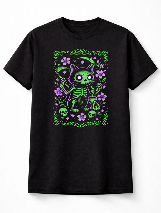 Cat T Shirt Skeleton Reaper Kitty Horror Cute Halloween Tee Unisex Black Adults & Kids Unisex T-Shirt
