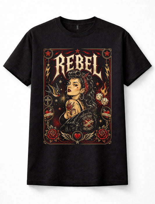 Rebel Rockabilly Pin Up Girl Tattoo Biker Rock N Roll Retro Unisex T-Shirt
