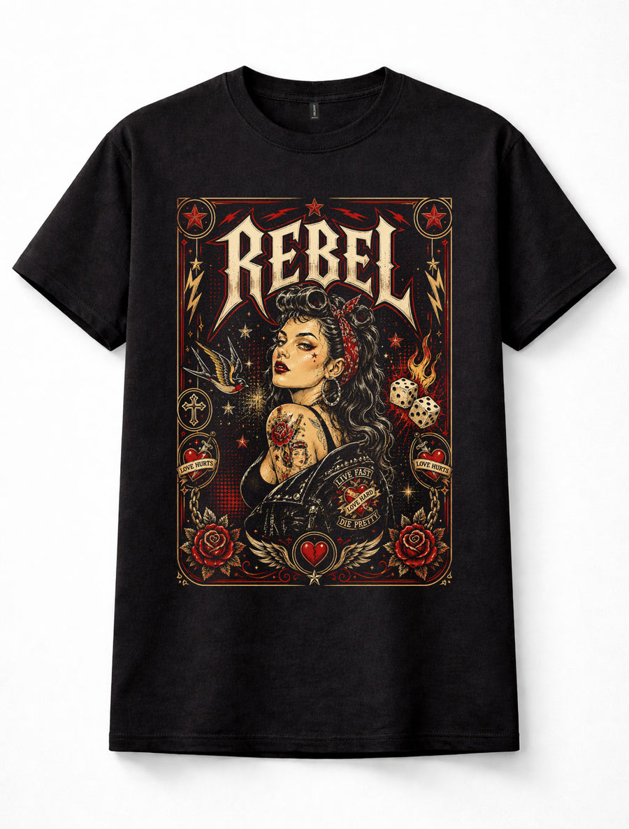 Rebel Rockabilly Pin Up Girl Tattoo Biker Rock N Roll Retro Unisex T-Shirt