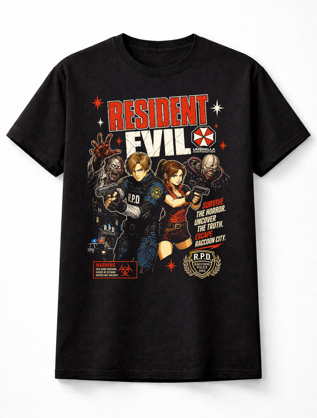 Resident Evil T-Shirt Leon Kennedy Claire Redfield RPD Umbrella Horror Game Graphic Tee Capcom Zombie Survival Video Game Character Adults & Kids Unisex T-Shirt