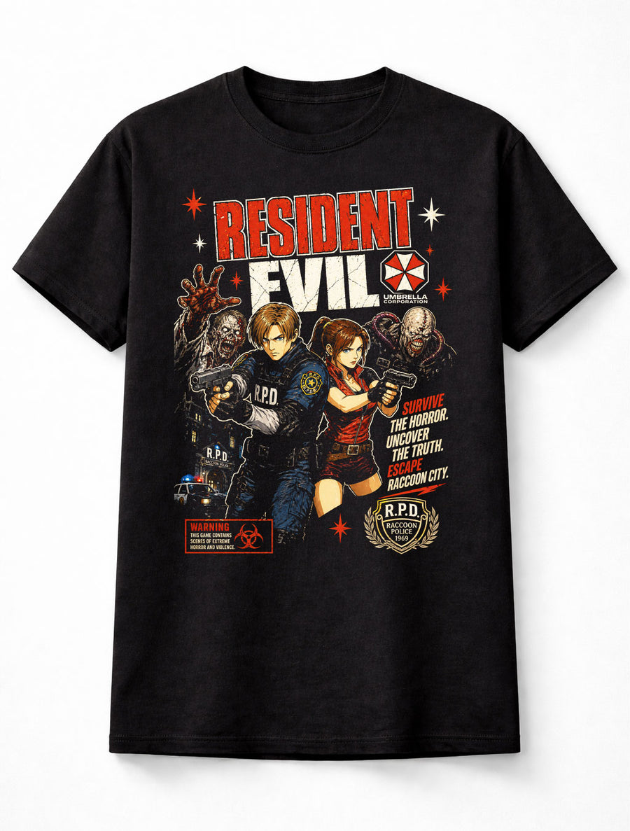Resident Evil T-Shirt Leon Kennedy Claire Redfield RPD Umbrella Horror Game Graphic Tee Capcom Zombie Survival Video Game Character Adults & Kids Unisex T-Shirt