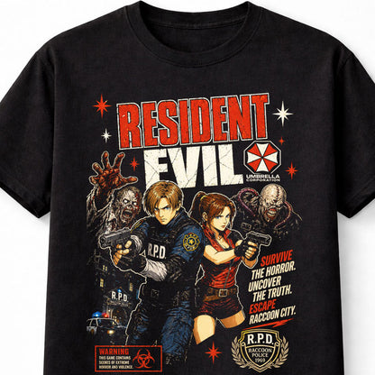 Resident Evil T-Shirt Leon Kennedy Claire Redfield RPD Umbrella Horror Game Graphic Tee Capcom Zombie Survival Video Game Character Adults & Kids Unisex T-Shirt