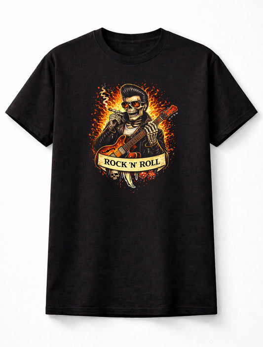 Rockabilly T Shirt Rock N Roll Guitar Tattoo Skeleton Skull Tee Unisex Black