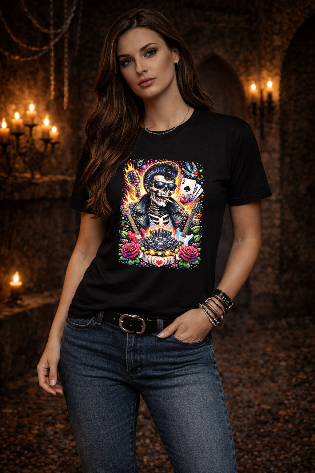 Rockabilly Skeleton Guitar Art Psychedelic Trippy Gothic Unisex Graphic T-Shirt