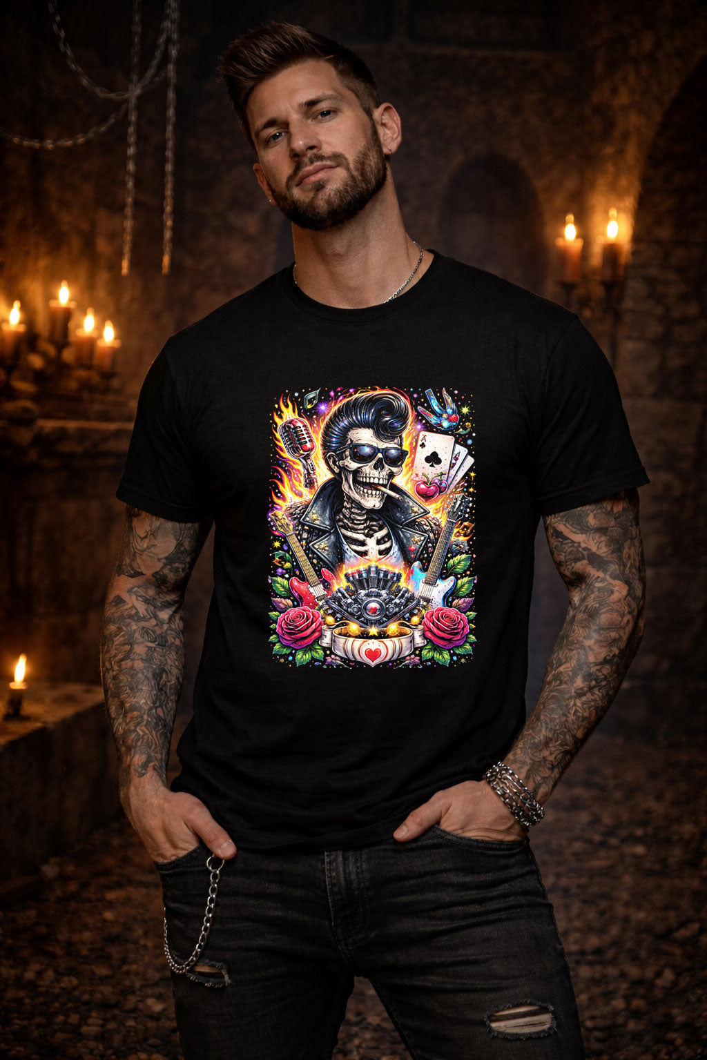 Rockabilly Skeleton Guitar Art Psychedelic Trippy Gothic Unisex Graphic T-Shirt