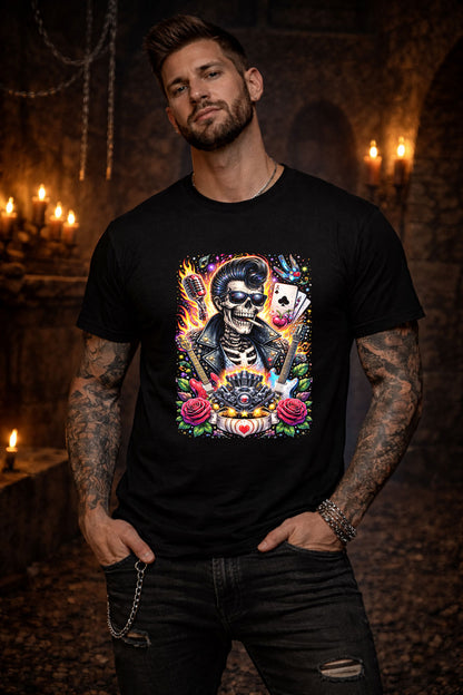 Rockabilly Skeleton Guitar Art Psychedelic Trippy Gothic Unisex Graphic T-Shirt