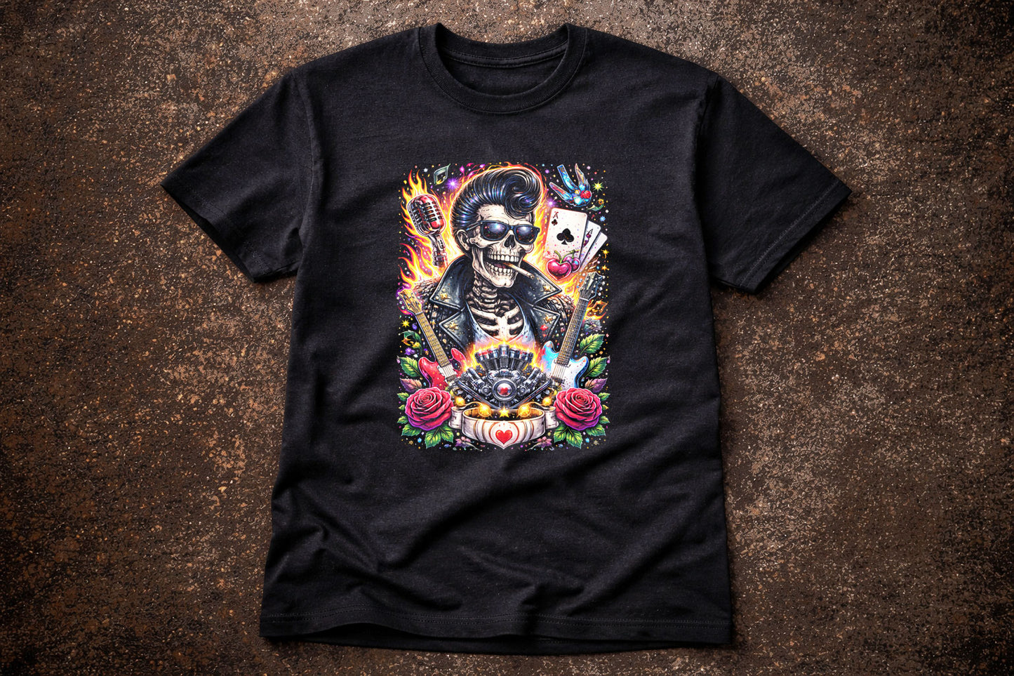 Rockabilly Skeleton Guitar Art Psychedelic Trippy Gothic Unisex Graphic T-Shirt