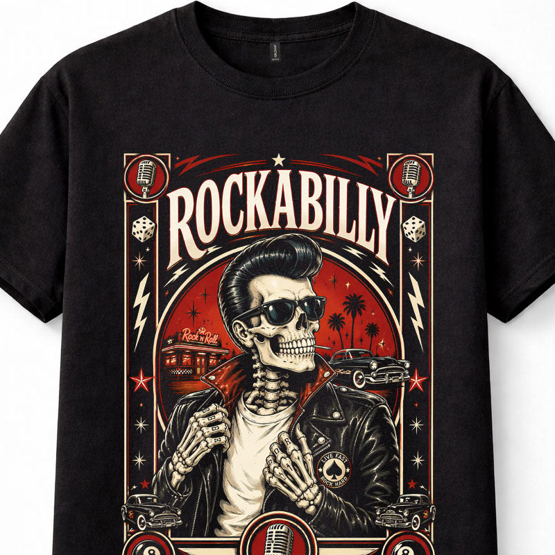 Rockabilly Skeleton Rock N Roll 1950s Hot Rod Greaser Music Black Unisex T-Shirt