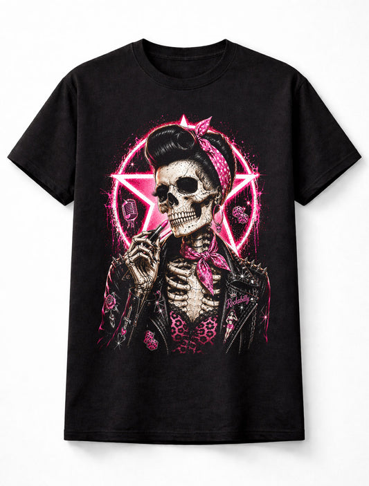 Rockabilly Pin Up Skull Pink Retro Greaser Graphic Unisex T-Shirt