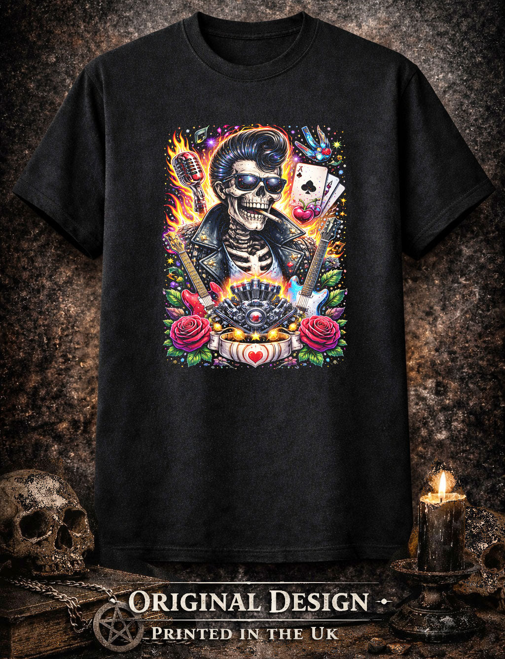 Rockabilly Skeleton Guitar Art Psychedelic Trippy Gothic Unisex Graphic T-Shirt