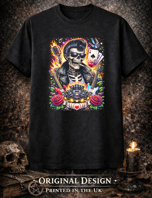 Rockabilly Skeleton Guitar Art Psychedelic Trippy Gothic Unisex Graphic T-Shirt