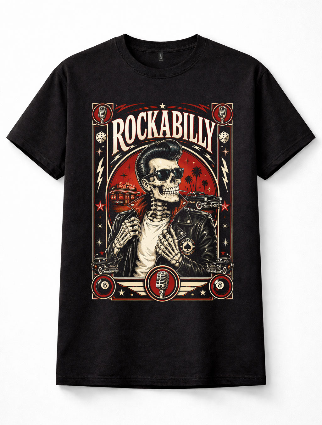 Rockabilly Skeleton Rock N Roll 1950s Hot Rod Greaser Music Black Unisex T-Shirt