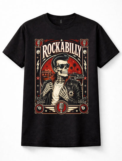 Rockabilly Skeleton Rock N Roll 1950s Hot Rod Greaser Music Black Unisex T-Shirt