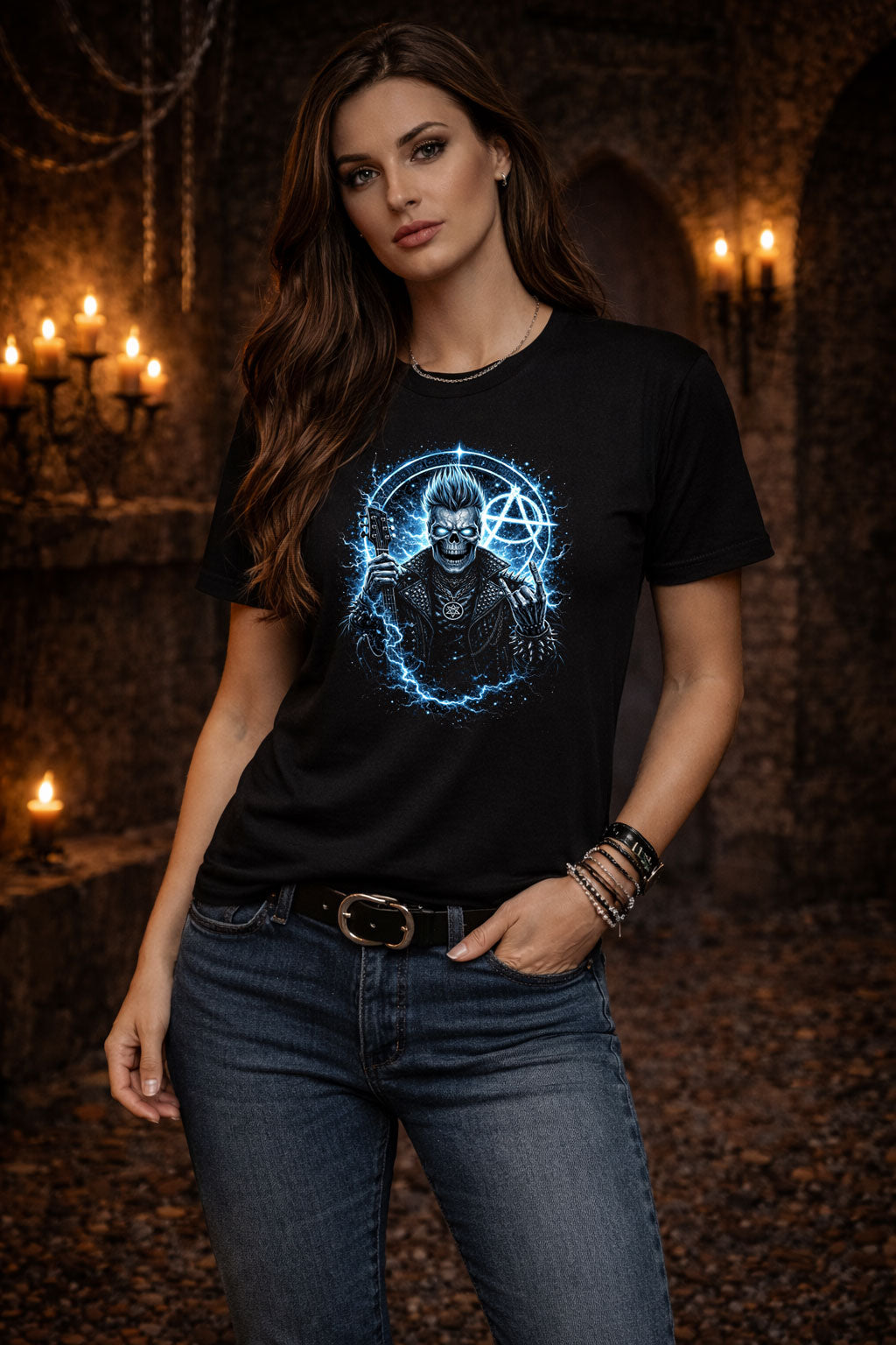 Electric Skull Punk Rocker T-Shirt Metal Guitar Pentagram Lightning Gothic