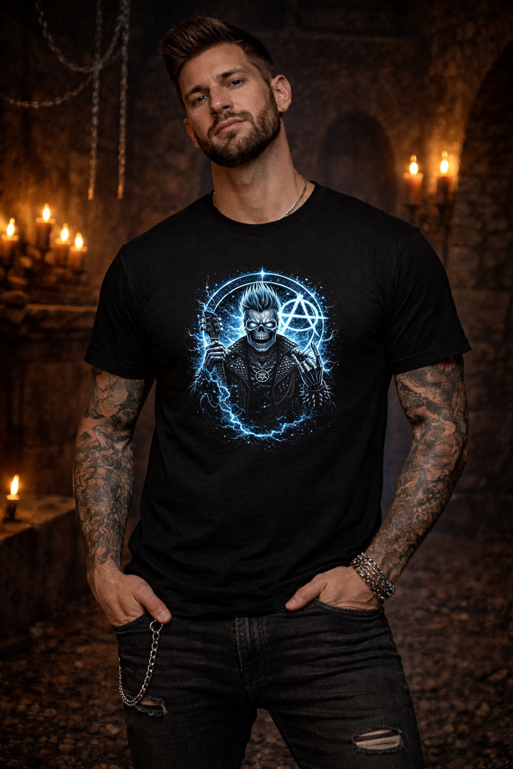 Electric Skull Punk Rocker T-Shirt Metal Guitar Pentagram Lightning Gothic