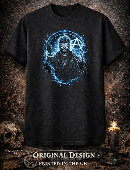 Electric Skull Punk Rocker T-Shirt Metal Guitar Pentagram Lightning Gothic