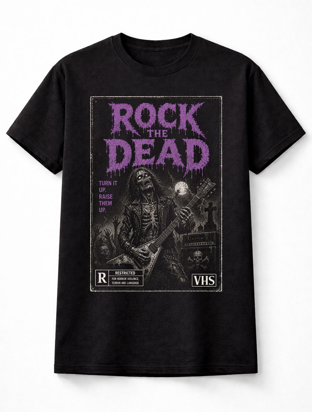 Rock the Dead Skeleton Guitar Horror VHS Gothic Halloween Unisex T-Shirt