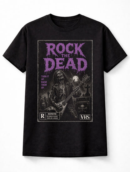 Rock the Dead Skeleton Guitar Horror VHS Gothic Halloween Unisex T-Shirt