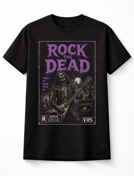 Rock the Dead Skeleton Guitar Horror VHS Gothic Halloween Unisex T-Shirt