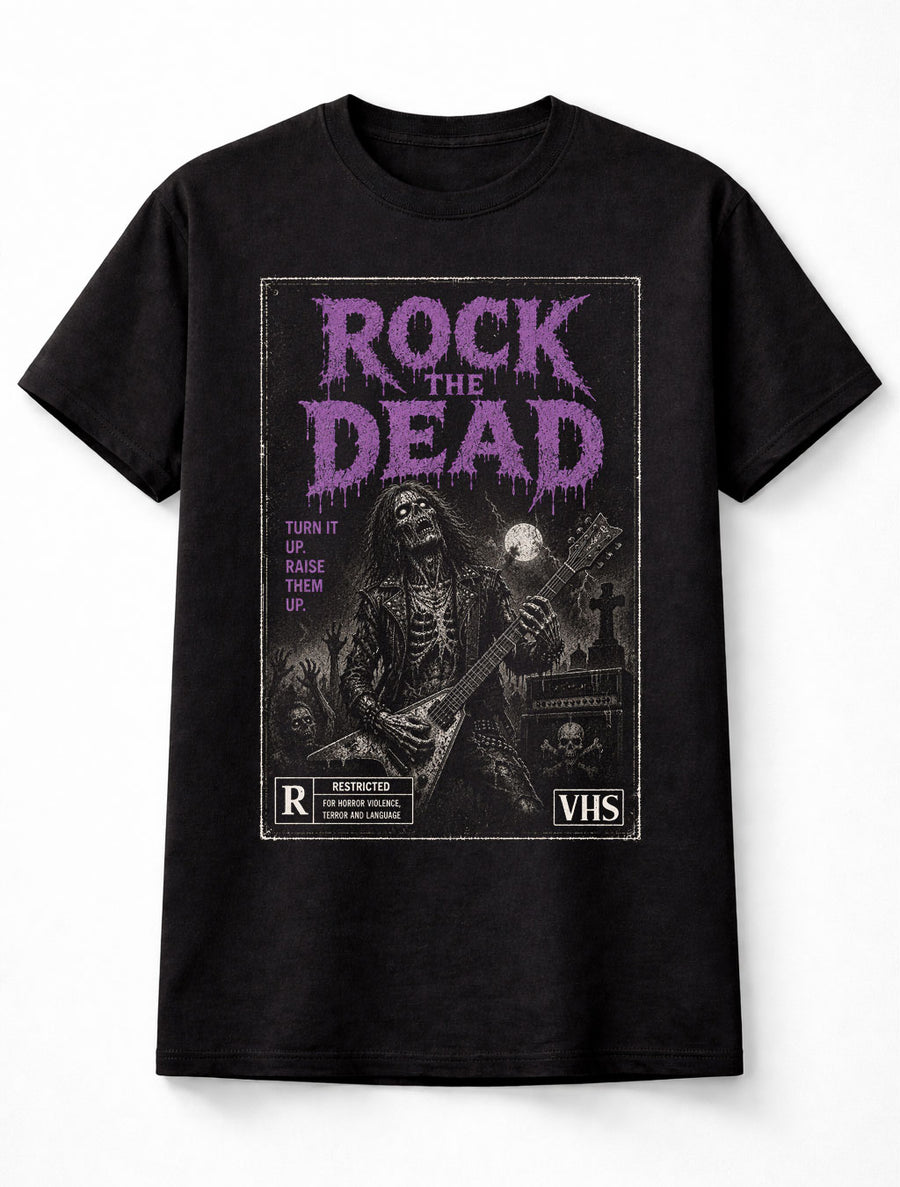 Rock the Dead Skeleton Guitar Horror VHS Gothic Halloween Unisex T-Shirt