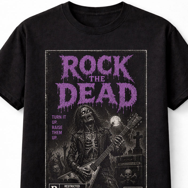 Rock the Dead Skeleton Guitar Horror VHS Gothic Halloween Unisex T-Shirt