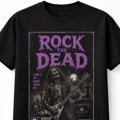 Rock the Dead Skeleton Guitar Horror VHS Gothic Halloween Unisex T-Shirt