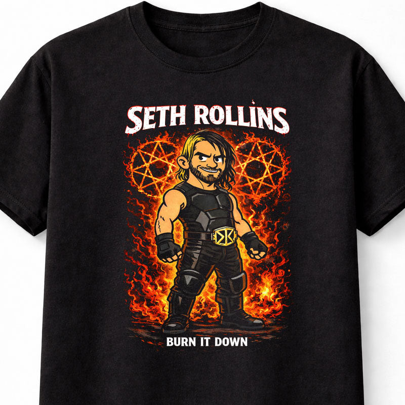 Seth Rollins Burn It Down Wrestling Fire Pentagram Graphic Fan Art Champion Style Tee Adults & Kids Unisex T-Shirt