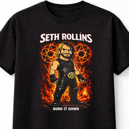 Seth Rollins Burn It Down Wrestling Fire Pentagram Graphic Fan Art Champion Style Tee Adults & Kids Unisex T-Shirt