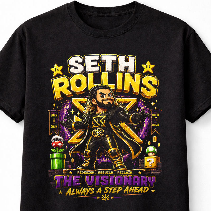 Seth Rollins Visionary Wrestling T-Shirt – Burn It Down Pixel Fan Tee Adults & Kids Unisex T-Shirt