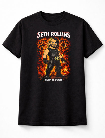 Seth Rollins Burn It Down Wrestling Fire Pentagram Graphic Fan Art Champion Style Tee Adults & Kids Unisex T-Shirt
