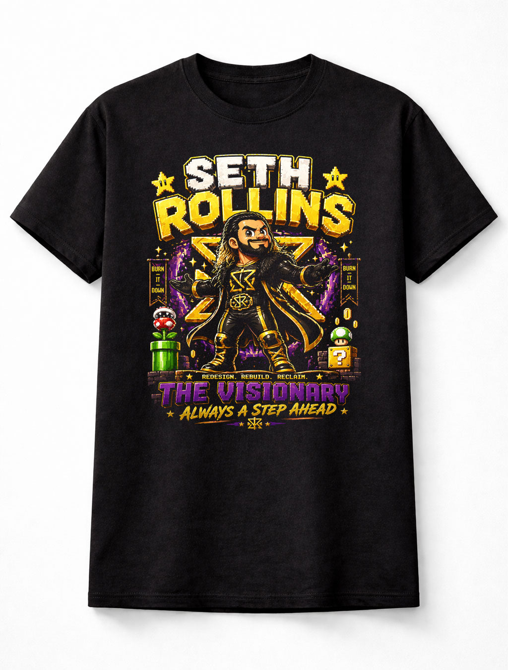 Seth Rollins Visionary Wrestling T-Shirt – Burn It Down Pixel Fan Tee Adults & Kids Unisex T-Shirt