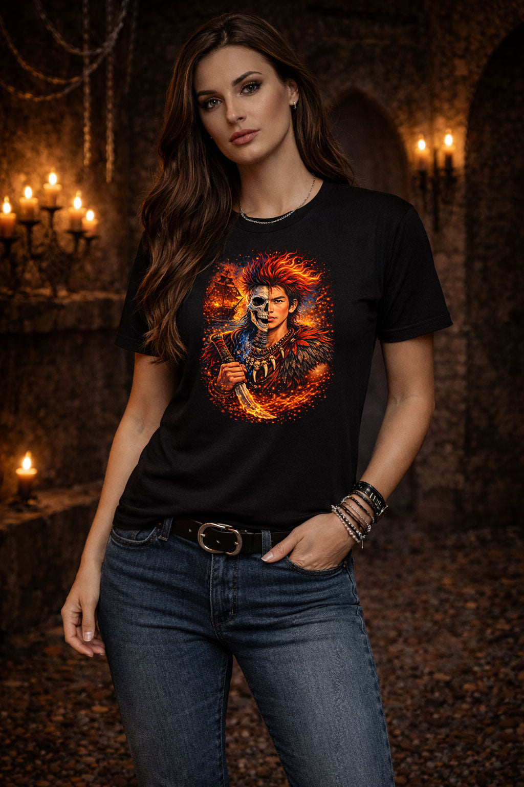 Rufio Style Fire Warrior Skull T Shirt Gothic Fantasy Fighter Unisex Tee