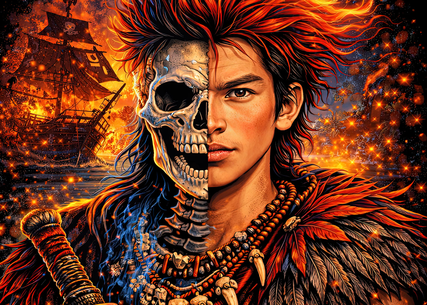 Rufio Style Fire Warrior Skull T Shirt Gothic Fantasy Fighter Unisex Tee