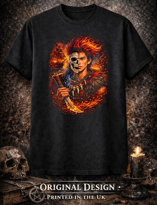 Rufio Style Fire Warrior Skull T Shirt Gothic Fantasy Fighter Unisex Tee