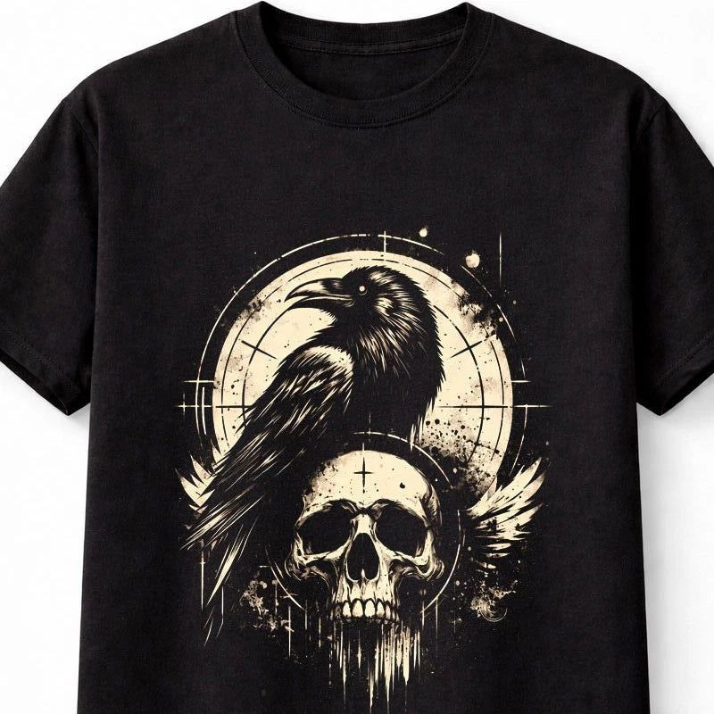 Raven Skull Gothic Graphic T-Shirt Dark Crow Art Vintage Unisex T-Shirt